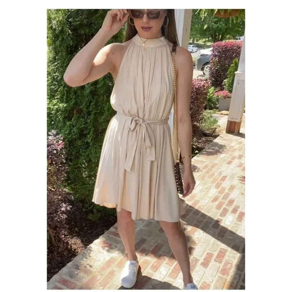 KIRUNDO Women's XL Apricot Summer Halter Neck Sleeveless Mini Dress Pleated NWT - Picture 5 of 9